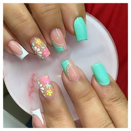 French Tip Press on Nails Medium Square Coffin Fake Nails with Colorful Daisy Design Glue on Nails Acrylic Nails Decorate False Nails with Glue Glossy Green Stick on Nails For Women Girls 24Pcs
