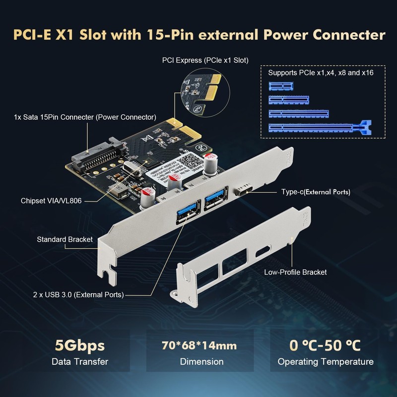 Binardat PCIE to USB 3.0 Expansion Card, 2 USB Type-A