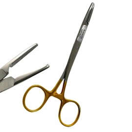 artlab Gold Ratcheting Handle Olsen Hegar Needle Holder 6.5-Inches | Cross-Serrated Jaws | Fish-Hook Holder & Line Cutter