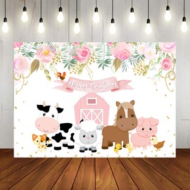 Lofaris Pink Farm Animals Birthday Photography Backdrop Girls Birthday Barnyard Theme Background Cute Farmhouse Flower Princess Birthday Newborn Baby Party Decorations Photo Booth Props 7x5ft
