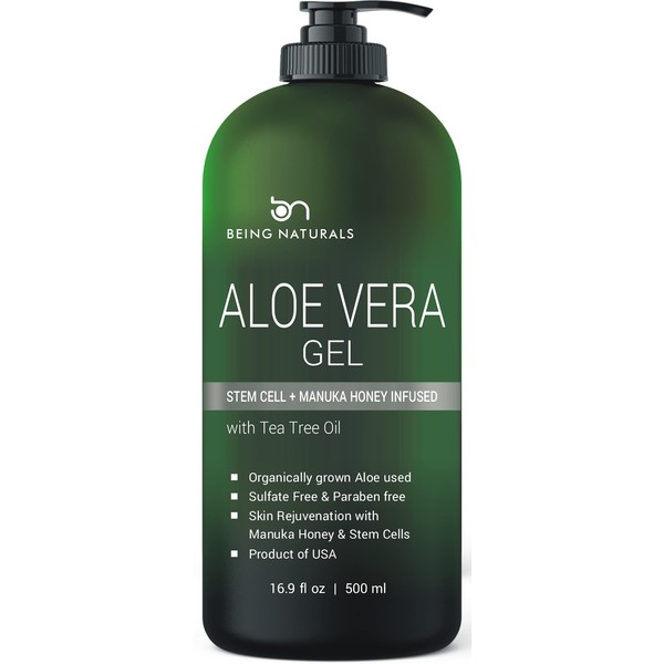 Aloe vera Gel - from 100% Pure Organic Aloe Infused with Manuka Honey, Stem Cell, Tea Tree Oil - Natural Raw Moisturizer for Face, Body, Hair. Perfect for Sunburn, Acne, Razor Bumps 16.9 fl oz