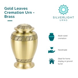 Golden Leaves Brass Cremation Urn for Ashes, Brass, Gold Urn, Adult Sized Cremation Urn, 10.25 Inches High