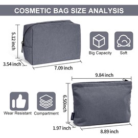 MAANGE Cosmetiquera para Maquillaje de Pana Estética 2 Pcs Bolsa de Maquillaje para Mujer Bolsa de Cosméticos Pequeña para Viajar Neceser Mujer (GRIS)