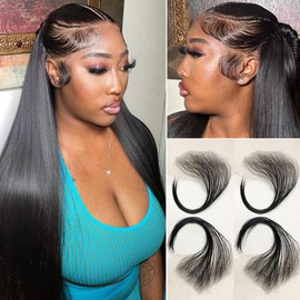 XRDDFL Edges Hair HD Lace Strips for Women - Reusable Invisible Lace Hairline with 4 Pcs Natural Handmade Real Human Hair Pieces, Black Color