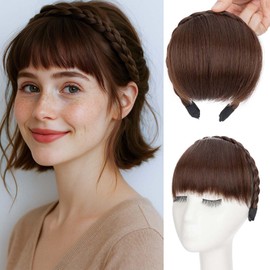 S-noilite Headband with Bangs, Front Hair Bangs Wigs Headband, Synthetic Braided Headband Wig with Bangs Fringe Hair Extensions Hairpiece for Women Girls - Chocelate Brown