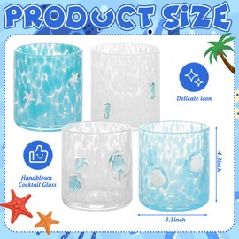 JarThenaAMCS 4Pcs Summer Ocean Icon Juice Glass 14 Oz Wine Glass Blue White Seashell Seahorse Starfish Stemless Cocktail Drinking Cups for Summer Coastal Beach Party Favors