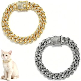 Cat Chain Collar with Diamond Rhinestones, 2PCS Cuban Link Pet Collar for Cats & Small Dogs, Adjustable Metal Cat Necklace & Dog Collar with Secure Buckle (8Inch)