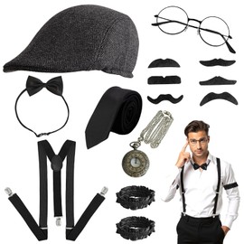 14PCS Mens 1920s Accessories, 1920s Accessories For Men, 1920s Mens Costume Accessories Great Gatsby Costume Men For Cosplay Retro Party Prom（Hat Bow Tie Pocket Watch Glasses Beard Y-type Suspender）
