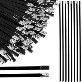Pelopy 500 Pcs Black Metal Zip Ties Stainless Steel 304 Epoxy Coated Zip Tie Heavy Duty Cable Tie Multi Purpose Self Locking Cable Ties for Exhaust Machinery Vehicles Outdoor Farms(11.8")