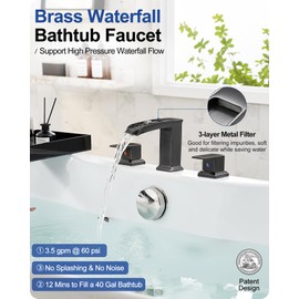 HOIGY Waterfall Tub Faucet Set 3 Hole, Brass Oil Rubbed Bronze Bathtub Faucet Set 2 Handle, 6-16 Inch Deck Mount Roman Tub Faucets, High Flow Bathtub Faucets with Pre-Installed Water Hose for Antique