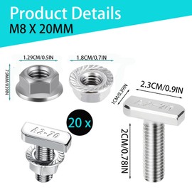 Hammer Head Screws M8 x 20 mm, Pack of 20 Stainless Steel T Hammer Head Screws with Flange Nuts M8, T Screws Locking Tooth Nuts for PV Solar Mounting Rails Photovoltaic Greenhouse Screws (8 mm)