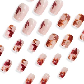 24 Pcs Brown Press on Nails Short Square - YIHONGYAN Spring Fake Nails Press ons Nail Tips Acrylic Nail Art Kit Glue on Nails Full Cover Maple Leaf Design False Nails Stick on Nails for Women Manicure