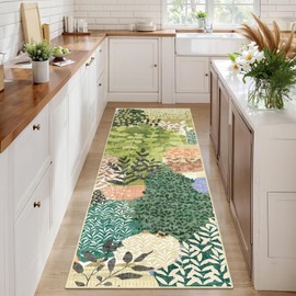 DEXDE Runner Rug 2x6 Washable Hallway Boho Soft Green Area Rugs Abstract Long Non Slip Botanical Leaves Floral Print Carpet for Entryway, Kitchen, Laundry, Bathroom, Bedroom