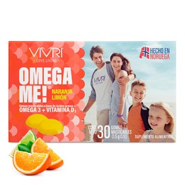 VIVRI Omega Me Suplemento Alimenticio de Omega-3, EPA, DHA y D3  30 Gomitas Suaves Sabor Naranja-Limn Sin Azcar hechas para Nios y Adultos            