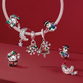 NINGAN 925 Sterling Silver Pearl Christmas Gifts for Children Snowman Snowflake Pendant Suitable for Women's Bracelet, Cubic Zirconia, Cubic Zirconia