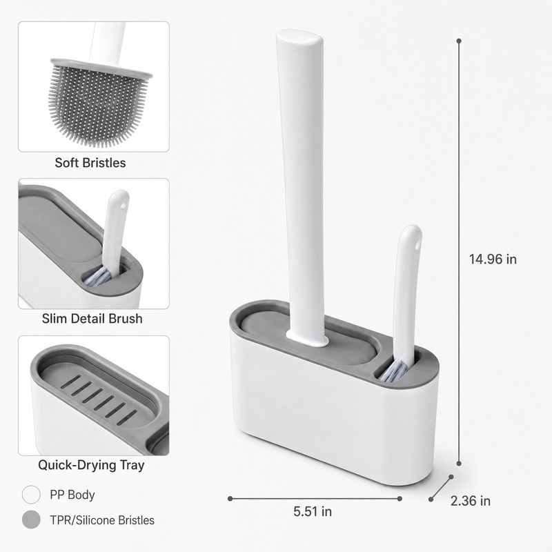 Wall-Mounted Silicone Toilet Brush Set with Holder & Detail Brush,