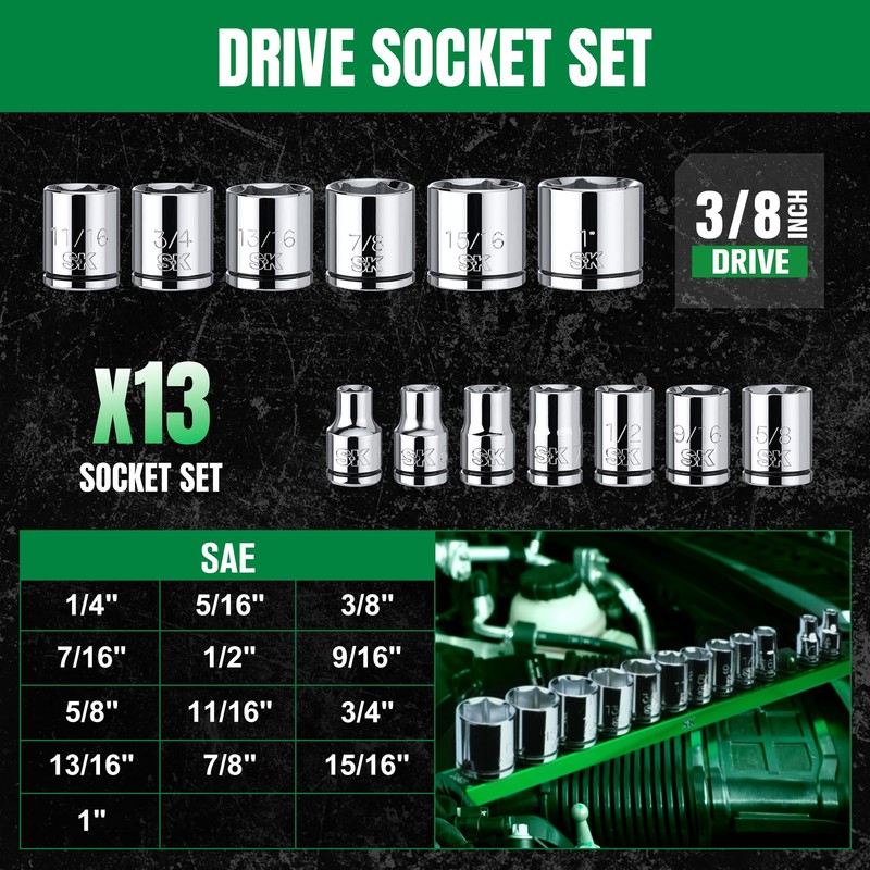SK 3/8" Drive Socket Set, SAE Sockets, 13-Piece, 1/4" to
