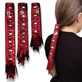RED Leather Hair Wrap w/Snaps 6" inch to 22" - Glitter Handmade Ponytail Sleeve & Long Hair Protector Saver | Colorful Womens Motorcycle Helmet Accessory USA MADE (14 inch, Python Shimmer Red)