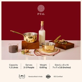 P-TAL Brass Saucepan 1.3 Qts with Insulated Heat-Resistant Handle | Tin Coated, Chemical-Free and Non-Stick Tea Pan (Free 30ml Copper & Brass Cleaning Solution)