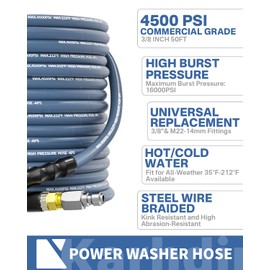KARHDIR Pressure Washer Hose 50FT 3/8" for Cold and Hot Water 212°F, with Swivel Quick Connect, 4500PSI Kink Resistant Grade Steel Wire Braided, Power Washer Hose With 2pcs M22-14mm Adapter