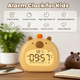 Aokpsrt Capybara Alarm Clock with Night Light for Kids – Cute Digital Sleep Trainer with LED Display, 3 Alarms, Countdown Timer, Adjustable Brightness – Rechargeable Bedside Clock for Boys and Girls