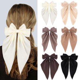 Loqpol 6 PCS Silky Satin Hair Bows, Oversized Long Tail Bows with Barrette Clips, Coquette Hair Accessories for Women and Girls (Black-D Brown-B Brow-Kaki-C Kaki-Beige)