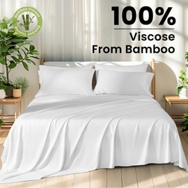 Shilucheng 100% Viscose Derived from Bamboo_Sheets, Extra Deep Pocket Sheets Fits 18"-24" Thick Mattress, Cooling & Breathable Bed Sheets 4Pcs, Hotel Silky Bedding Set (Queen,White)