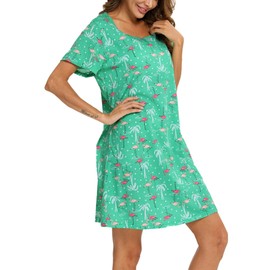 ENJOYNIGHT Womens Nightgown Cotton Sleep Shirt Femme Nightshirt Short Sleeves Pajamas Night Dress (XX-Large, Flamingo)