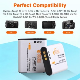 Li-90B Li-92B DB-110 Battery and LED Dual Charger for Olympus Tough TG-7, TG-6, TG-5, TG-Tracker, SH-1, SH-2, SP-100 IHS, Tough TG-1 iHS, TG-2 iHS, TG-3, TG-4, SH50 iHS, SH60, XZ-2 iHS