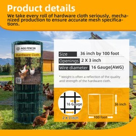 AggFencer 36in x 100ft Green Hardware Cloth 2x3 inch 16Ga PVC Coated Wire Mesh Vinyl Coated Fence, Welded Metal Chicken Wire Fencing Roll, Garden Plant Fencing, for Chicken Coop and Home Improvement