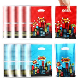 SAVITA Pack of 50 Spider Party Gift Bags, Red and Blue Double Sided Designs City Cartoon Theme Goodie Candy Gift Bags Party Supplies for Birthday Decorations