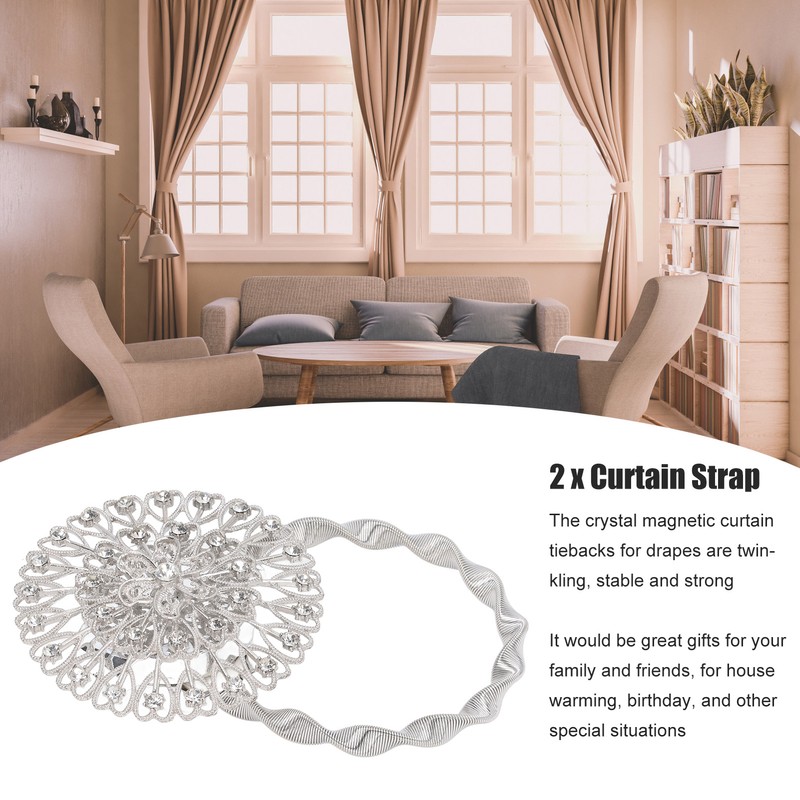 2Pcs Magnetic Curtain Tiebacks Stainless Steel Sparkling Crystal Flower Curtain