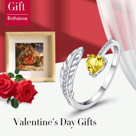 PEARLOVE 925 Sterling Silver Feather Ring with Love Heart Adjustable Birthstone Stackable Ring for Women, Silver, Anniversary, Ring, RING