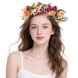 Flower Wreath Hair, Flower Wreath Flower Crown Headband with Bracelet Set, Hair Garland, Hair Bands, Floral Garland, Flower Headband Adjustable for Women, Wedding, Ceremony, Festival, Party, Beach