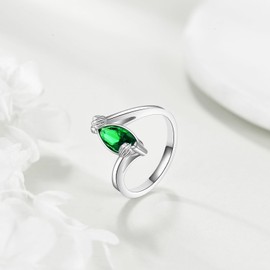POPLYKE Lotus Marquise Cut Cubic Emerald 925 Sterling Silver Ring Jewelry Gift for Women Engagement Anniversary