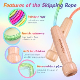 Arovina Skipping Rope kids, 8.2FT Children Jump Rope Adjustable Wooden Handle 7 Color Rainbow Jumping rope for Boys & Girls’ Outdoor Exercise & Game, Ideal for Birthday Children's day Christmas