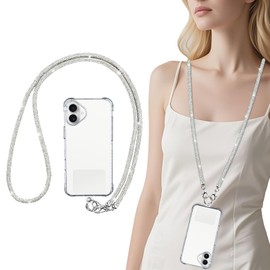 VOFUOE Phone Lanyard, Crossbody Phone Strap Bling Diamond Shining Universal Cell Phone Neck lanyard Chain with Tether Tabs Metal Buckles for All Phones for Travel -Silver