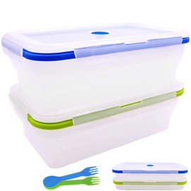 FUSMYE Extra Large Collapsible Clear Silicone Food Storage Containers With Lids, 82.8oz, 2 Pack, XXL Foldable Bento Lunch Box, Reusable Big Meal Boxes for Kitchen, Camping, BPA Free