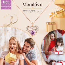 Momlovu Infinity Heart Necklace for Women 925 Sterling Silver Pink Birthstone Necklace Rose Gold Jewelry for Women Valentines Day Mother's Day Anniversary Birthday Christmas Gifts for Women Her
