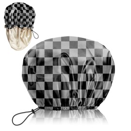 Deokke Luxury Shower Cap Silk Satin Lined Waterproof Reusable Adjustable Elastic Dry Hair Bathing Caps Cute for Women Girls-Black Grey Checkered