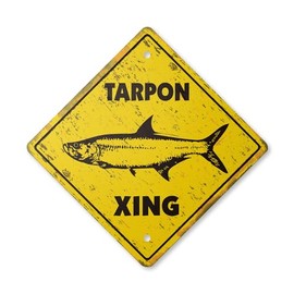 Tarpon Vintage Crossing Sign Zone Xing | Indoor/Outdoor Plastic | 20" Tall Rustic Flats Fishing Boat Reel Fisherman Lover Hobby Lures