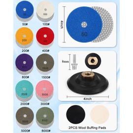Pack of 14 Diamond Wet Dry Polishing Discs with 100 mm Marble Polishing Set Sanding Pads with M14 Rubber - Support Plate for Granite Tiles Concrete Marble with 2 Wool Pads, Mixed Grit 50-8000, for