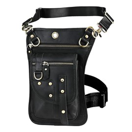 Le'aokuu Men's Genuine Leather Waist Bag Leg Bag Small Hook Bag Messenger Bag, 2141 A Black, vintage