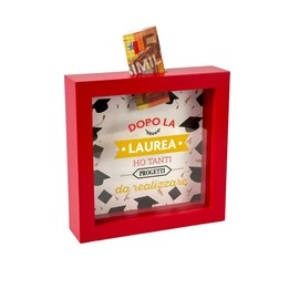 Graduation Money Box Wooden Red Frame 16 x 16 cm Graduate Gift with Slot for Banknotes
