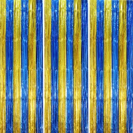 Voircoloria 3 Pack 3.3 x 8.2 ft Blue Gold Foil Fringe Backdrop Curtains, Tinsel Streamers Party Decorations, Fringe Backdrop, Door Shimmer for Father's Day Graduation or Birthday Party