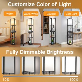 OUTON Floor Lamp with Shelves & Drawer, LED Dimmable Floor Lamp with Remote & App & Voice Control, Charging Station, Color Changing, Storage Display Wood Standing Lamp for Living Room, Bedroom Office