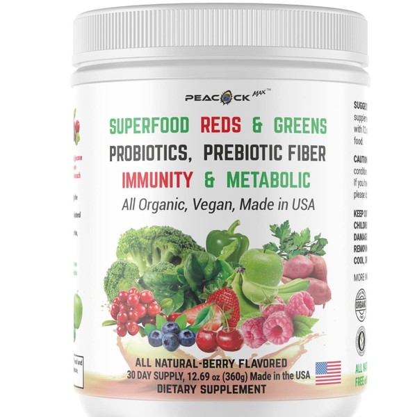 Organic Superfood Reds Greens Plus Immunity Probiotic Prebiotic Fiber Powder Non-GMO 30 Day Supply 360g/12.7 oz