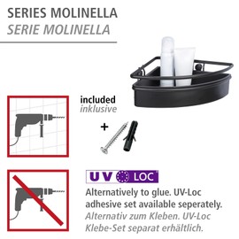 WENKO Corner shelf Molinella, bath shelf with deep basket for secure placement of products, made of matt lacquered stainless steel with plastic insert, (W x H x D): 30x 8.5x21.5 cm, black