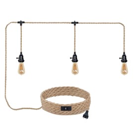 ALAISLYC 3 Plug-in Pendant Lights Kit - Hemp Rope Cord with Switch, 22 Ft Length, DIY Farmhouse Hanging Lighting Fixture