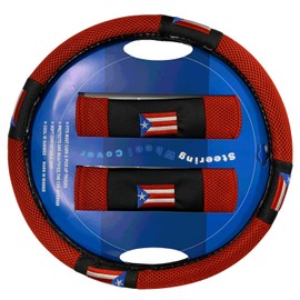Universal125 Puerto Rico Flag Steering Wheel Cover Red & 2 Seat Belt Pads